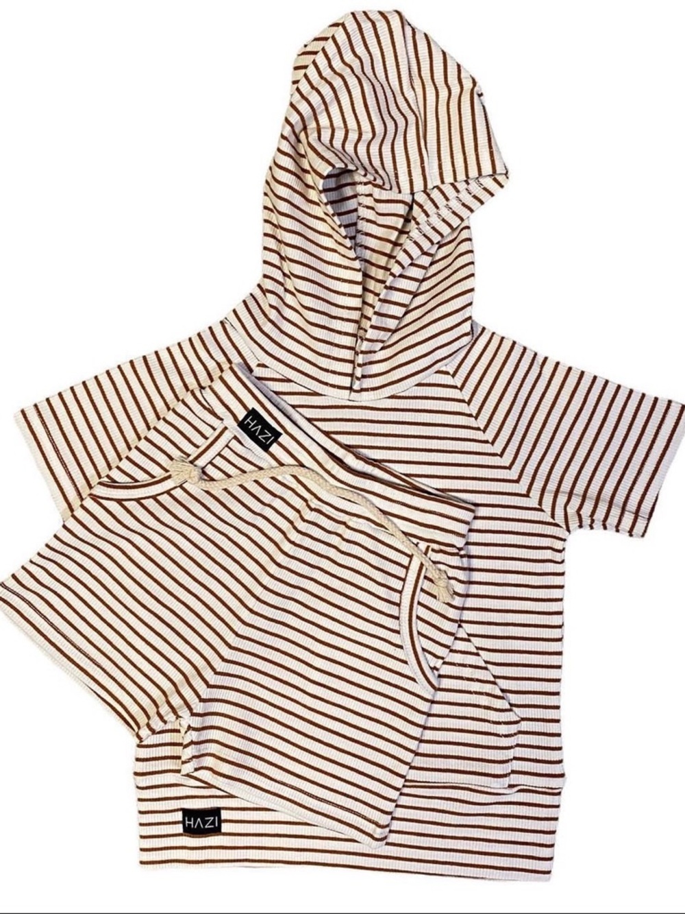 Kids Striped Hoodie & Shorts Matching Set in Cream and Brown